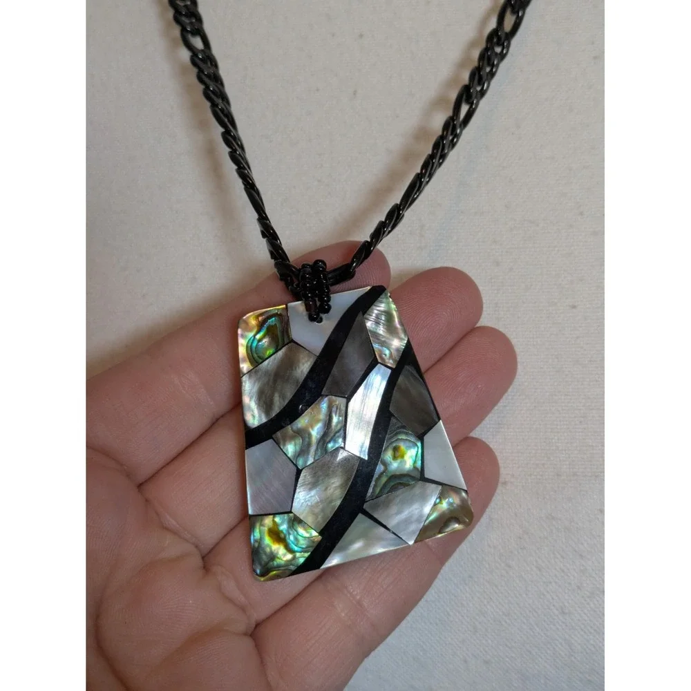 Abstract Mother Of Pearl Pendant Necklace Mosaic Style Artsy Artisan Black Chain